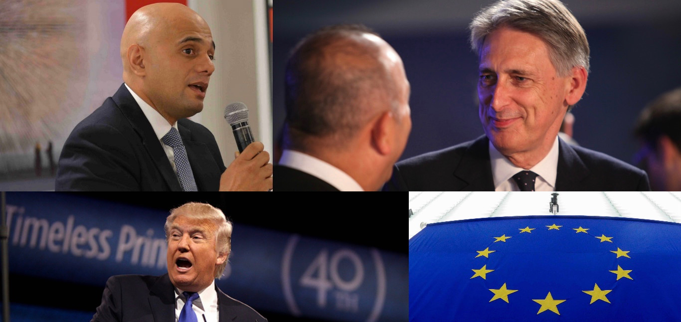 Sajid Javid, Philip Hammond, Donald Trump and the EU flag.